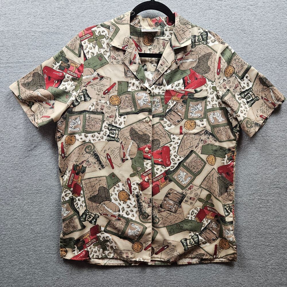RARE Vintage Adventurer Gear Allover print Short Blouse/Women's Shirt/BeigeSMALL